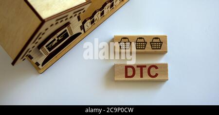 Blocco di legno forma la parola 'DTC' e cestino di cibo icona vicino casa in miniatura. Splendido sfondo bianco, spazio per la copia. Concetto di consegna a domicilio. Foto Stock