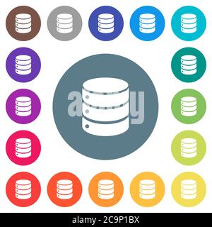 Singole icone bianche piatte del database su sfondi rotondi. sono incluse 17 variazioni di colore di sfondo. Illustrazione Vettoriale
