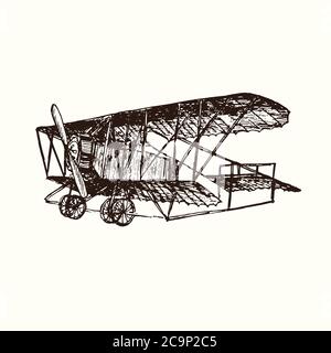Aeroplano retrò, doodle disegnato a mano, disegno in stile gravure, illustrazione dello schizzo, elemento di disegno Foto Stock