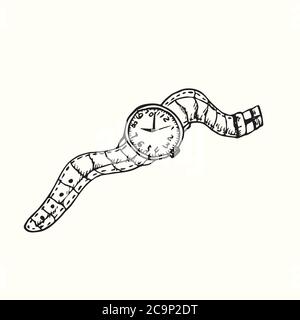 Orologio a tracolla, doodle disegnato a mano, disegno in stile gravure, illustrazione dello schizzo, elemento di disegno Foto Stock