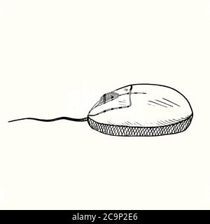 Mouse per computer Doodle disegnato a mano, disegno in stile gravure, illustrazione dello schizzo, elemento di disegno Foto Stock