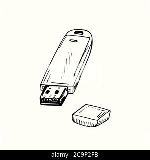 Flash drive doodle disegnata a mano, disegno in stile gravure, illustrazione dello schizzo, elemento di disegno Foto Stock