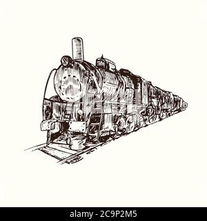 Treno retrò, doodle disegnato a mano, disegno in stile gravure, illustrazione dello schizzo, elemento di disegno Foto Stock