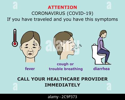 Febbre, tosse o difficoltà a respirare, icona diarrea, coronavirus covid-19 sintomi grafico, colorato semplice doodle disegno infografiche Foto Stock
