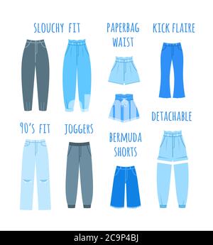 Nuova stagione moda donna jeans tipi collezione. Pantaloni e shorts moderni Jean femmina diversi modelli. Illustrazione vettoriale piatta. Vestibilità slouchy, pape Illustrazione Vettoriale