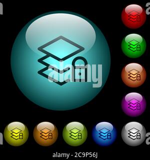 Icone dei livelli bloccati a colori pulsanti in vetro sferico illuminati su sfondo nero. Può essere utilizzato per modelli neri o scuri Illustrazione Vettoriale