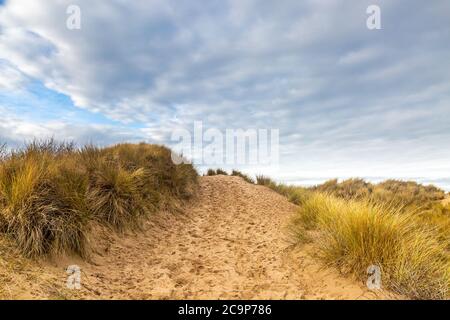 Un sentiero attraverso dune di sabbia che conduce verso il mare, a Formby in Merseyside Foto Stock