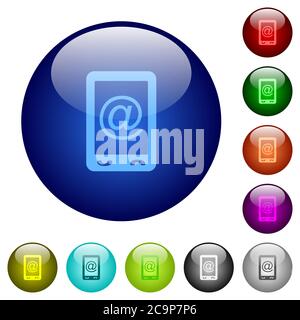 Icone di mailing mobili su pulsanti rotondi in vetro di colore Illustrazione Vettoriale