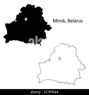 Minsk Bielorussia. Mappa dettagliata del Paese con il pin della posizione sulla città capitale. Silhouette nera e mappe di contorno isolate su sfondo bianco. Vettore EPS Illustrazione Vettoriale