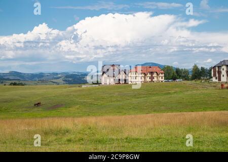 Zlatibor, Serbia - Luglio 25. 2020 Hotel e cavalli su un prato pascolo in una soleggiata giornata estiva. Località paesaggistica e naturalistica Foto Stock