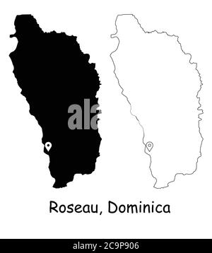 Roseau Dominica. Mappa dettagliata del Paese con il pin della posizione sulla città capitale. Silhouette nera e mappe di contorno isolate su sfondo bianco. Vettore EPS Illustrazione Vettoriale