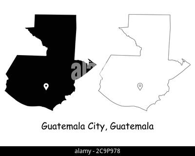 Guatemala City Guatemala. Mappa dettagliata del Paese con il pin della posizione sulla città capitale. Silhouette nera e mappe di contorno isolate su sfondo bianco. EPS Illustrazione Vettoriale