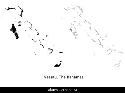 Nassau le Bahamas. Mappa dettagliata del Paese con il pin della posizione della città capitale. Silhouette nera e mappe di contorno isolate su sfondo bianco. Vettore EPS Illustrazione Vettoriale