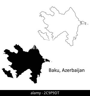 Baku Azerbaigian. Mappa dettagliata del Paese con il pin della posizione della città capitale. Silhouette nera e mappe di contorno isolate su sfondo bianco. Vettore EPS Illustrazione Vettoriale