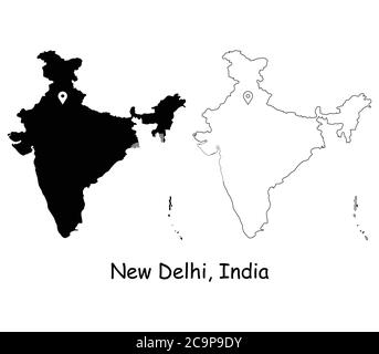 Nuova Delhi India. Mappa dettagliata del Paese con il pin della posizione sulla città capitale. Silhouette nera e mappe di contorno isolate su sfondo bianco. Vettore EPS Illustrazione Vettoriale