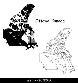 Ottawa, Canada. Mappa dettagliata del Paese con il pin della posizione sulla città capitale. Silhouette nera e mappe di contorno isolate su sfondo bianco. Vettore EPS Illustrazione Vettoriale