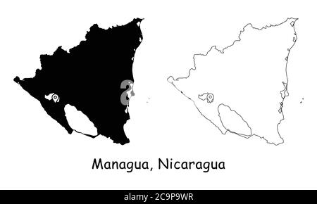 Managua, Nicaragua. Mappa dettagliata del Paese con il pin della posizione sulla città capitale. Silhouette nera e mappe di contorno isolate su sfondo bianco. Vettore EPS Illustrazione Vettoriale