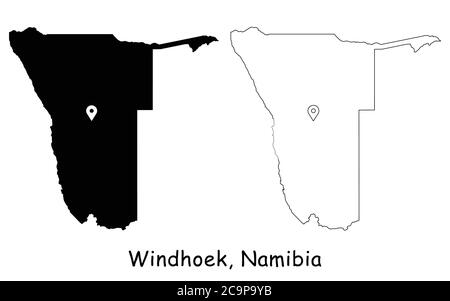 Windhoek, Namibia. Mappa dettagliata del Paese con il pin della posizione sulla città capitale. Silhouette nera e mappe di contorno isolate su sfondo bianco. Vettore EPS Illustrazione Vettoriale