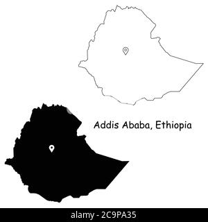 Addis Abeba Etiopia. Mappa dettagliata del Paese con pin sulla città capitale silhouette nera e mappe di contorno isolate su sfondo bianco EPS Vector Illustrazione Vettoriale