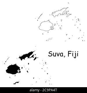 Suva Figi. Mappa dettagliata del Paese con il pin della posizione sulla città capitale. Silhouette nera e mappe di contorno isolate su sfondo bianco. Vettore EPS Illustrazione Vettoriale