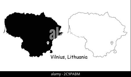 Vilnius Lituania. Mappa dettagliata del Paese con il pin della posizione sulla città capitale. Silhouette nera e mappe di contorno isolate su sfondo bianco. Vettore EPS Illustrazione Vettoriale