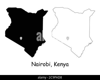 Nairobi Kenya. Mappa dettagliata del Paese con il pin della posizione sulla città capitale. Silhouette nera e mappe di contorno isolate su sfondo bianco. Vettore EPS Illustrazione Vettoriale