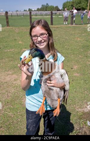 Un giovane membro di Poultry 4-H mostra fuori la sua anatra domestica dell'animale domestico ad una riunione esterna 4-H a Redmond, Oregon. Foto Stock