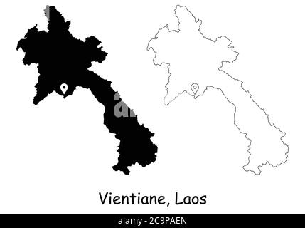 Vientiane Laos. Mappa dettagliata del Paese con il pin della posizione sulla città capitale. Silhouette nera e mappe di contorno isolate su sfondo bianco. Vettore EPS Illustrazione Vettoriale