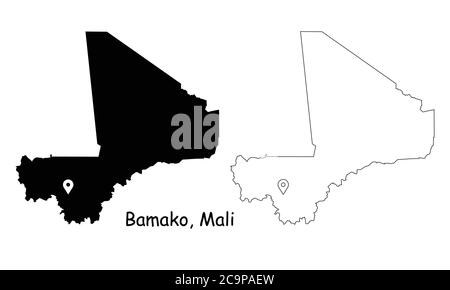 Bamako Mali. Mappa dettagliata del Paese con il pin della posizione sulla città capitale. Silhouette nera e mappe di contorno isolate su sfondo bianco. Vettore EPS Illustrazione Vettoriale