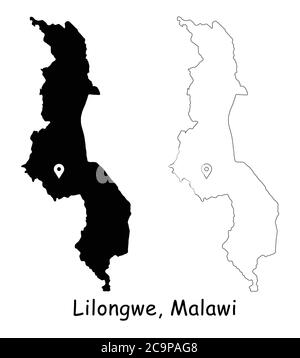 Lilongwe Malawi. Mappa dettagliata del Paese con il pin della posizione sulla città capitale. Silhouette nera e mappe di contorno isolate su sfondo bianco. Vettore EPS Illustrazione Vettoriale