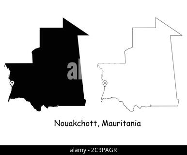 Nouakchott, Mauritania. Mappa dettagliata del Paese con il pin della posizione sulla città capitale. Silhouette nera e mappe di contorno isolate su sfondo bianco. EPS Ve Illustrazione Vettoriale