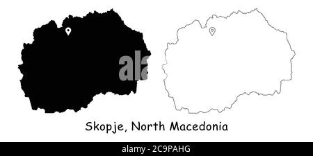 Skopje, Macedonia del Nord. Mappa dettagliata del Paese con il pin della posizione sulla città capitale. Silhouette nera e mappe di contorno isolate su sfondo bianco. V EPS Illustrazione Vettoriale