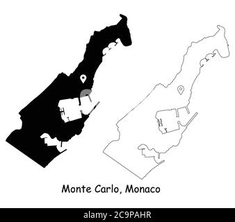 Monte Carlo, Monaco. Mappa dettagliata del Paese con il pin della posizione sulla città capitale. Silhouette nera e mappe di contorno isolate su sfondo bianco. VECTO EPS Illustrazione Vettoriale