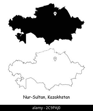 Nur Sultan Kazakhstan. Mappa dettagliata del Paese con il pin della posizione sulla città capitale. Silhouette nera e mappe di contorno isolate su sfondo bianco. VEC. EPS Illustrazione Vettoriale