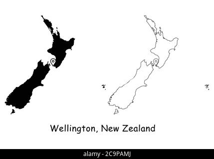 Wellington, Nuova Zelanda. Mappa dettagliata del Paese con il pin della posizione sulla città capitale. Silhouette nera e mappe di contorno isolate su sfondo bianco. V EPS Illustrazione Vettoriale