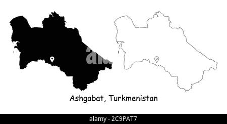 Ashgabat, Turkmenistan. Mappa dettagliata del Paese con il pin della posizione sulla città capitale. Silhouette nera e mappe di contorno isolate su sfondo bianco. EPS Ve Illustrazione Vettoriale