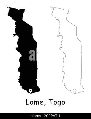 Lomé, Togo. Mappa dettagliata del Paese con il pin della posizione sulla città capitale. Silhouette nera e mappe di contorno isolate su sfondo bianco. Vettore EPS Illustrazione Vettoriale