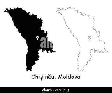 Chisinau, Moldavia. Mappa dettagliata del Paese con il pin della posizione sulla città capitale. Silhouette nera e mappe di contorno isolate su sfondo bianco. Vettore EPS Illustrazione Vettoriale