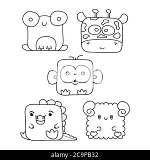 Insieme di illustrazioni di contorno di animali per bambini, scrapbooking e libri da colorare, isolati su uno sfondo bianco Illustrazione Vettoriale