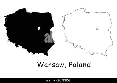 Varsavia, Polonia. Mappa dettagliata del Paese con il pin della posizione sulla città capitale. Silhouette nera e mappe di contorno isolate su sfondo bianco. Vettore EPS Illustrazione Vettoriale