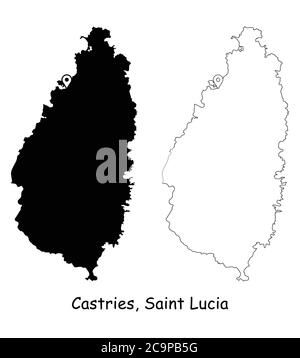 Castries, Santa Lucia. Mappa dettagliata del Paese con il pin della posizione sulla città capitale. Silhouette nera e mappe di contorno isolate su sfondo bianco. VEC. EPS Illustrazione Vettoriale