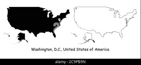 Washington D.C, Stati Uniti d'America. Mappa dettagliata del Paese con il pin della posizione sulla città capitale. Silhouette nera e mappe di contorno isolate su bianco Illustrazione Vettoriale