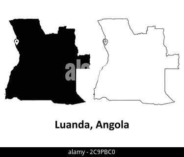 Luanda, Angola. Mappa dettagliata del Paese con il pin della posizione della città capitale. Silhouette nera e mappe di contorno isolate su sfondo bianco. Vettore EPS Illustrazione Vettoriale