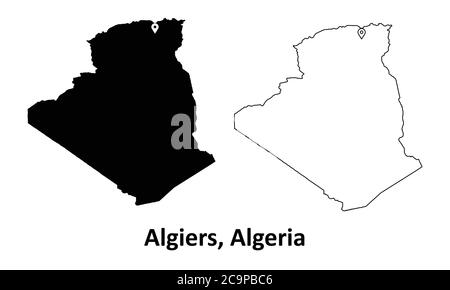 Algeri Algeria. Mappa dettagliata del Paese con il pin della posizione della città capitale. Silhouette nera e mappe di contorno isolate su sfondo bianco. Vettore EPS Illustrazione Vettoriale