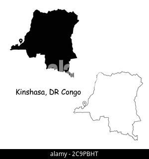 Kinshasa Repubblica Democratica del Congo. Mappa dettagliata del Paese con il pin della posizione sulla città capitale. Silhouette nera e mappe di contorno isolate su bianco Illustrazione Vettoriale