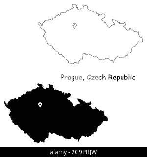 Praga Repubblica Ceca. Mappa dettagliata del Paese con il pin della posizione sulla città capitale. Silhouette nera e mappe di contorno isolate su sfondo bianco. Illustrazione Vettoriale