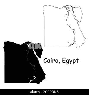 Cairo Egitto. Mappa dettagliata del Paese con il pin della posizione sulla città capitale. Silhouette nera e mappe di contorno isolate su sfondo bianco. Vettore EPS Illustrazione Vettoriale