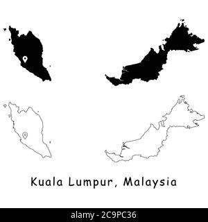 Kuala Lumpur, Malesia. Mappa dettagliata del Paese con il pin della posizione sulla città capitale. Silhouette nera e mappe di contorno isolate su sfondo bianco. EPS Ve Illustrazione Vettoriale