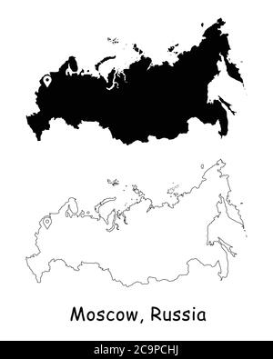 Mosca, Russia. Mappa dettagliata del Paese con il pin della posizione sulla città capitale. Silhouette nera e mappe di contorno isolate su sfondo bianco. Vettore EPS Illustrazione Vettoriale