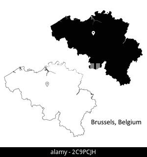 Bruxelles Belgio. Mappa dettagliata del Paese con pin sulla capitale belga. Silhouette nera e mappe di contorno isolate su sfondo bianco. EPS Illustrazione Vettoriale